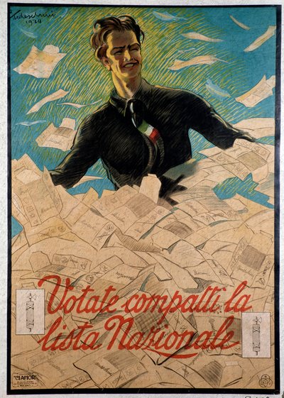 Italiaanse propagandaposter die de Italiaanse bevolking aanspoort om de nationale lijst van Benito Mussolini te kiezen door Anonymous Anonymous