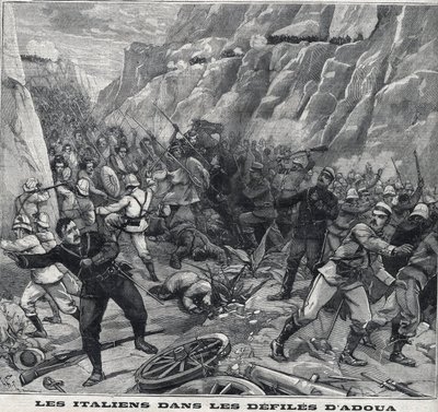 Italianen vechten bij Adoua in Ethiopië. Gravure in 