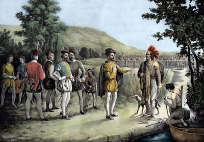 Jacques Cartier, zijn eerste ontmoeting met de Indianen in Hochelaga nu Montreal in 1535 (litho) door Anonymous Anonymous