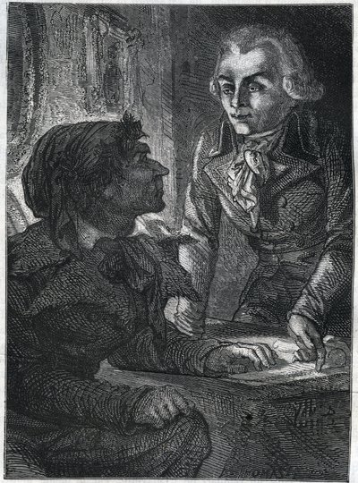 Jean-Paul (Jean Paul) Marat (1743-1793) met Maximilien de Robespierre (1758-1794). Gravure uit 1866 in “Histoire de la Révolution française” door Adolphe Thiers. Privécollectie. door Anonymous Anonymous