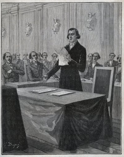 Jean Baptiste Andre Dumas (1800-1884) Franse chemicus presenteerde aan de Academie van Wetenschappen zijn rapport over de uitvinding van Ruolz en Elkington. Gravure uit 1885 in 