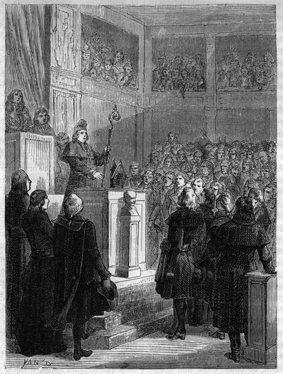 Jean Baptiste Gobel (1727-1794), aartsbisschop van Parijs, met een rode muts en zijn mijter in de hand, gaf zijn taken en priesterambt op op 7 november 1793. Gravure uit 1866 in Histoire de la Revolution francaise door Adolphe Thiers. Privécollectie door Anonymous Anonymous