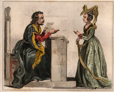Jehan Pastoret (1328-1405), voorzitter van het parlement van Parijs onder het bewind van Karel V met een adellijke vrouw, gekleed in een liripion. Gravure uit 1859 in 