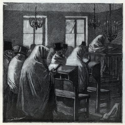 Joodse feesten: gelovigen tijdens het gebed in een oratorium tijdens de feestdagen. Gravure in 