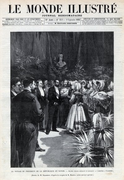 Reis van Sadi Carnot (1837-1894) naar Savoye: de president van de republiek wordt verwelkomd in Chambéry door jonge meisjes die hem een boeket bloemen aanbieden. Een krant. Gravure in 