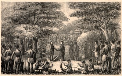 Koning Lebuschi verwelkomt Henri Depelchin (1822-1900), jezuïet missionaris en eerste overste van de missie van Boven Zambeze in Afrika. Gravure in 