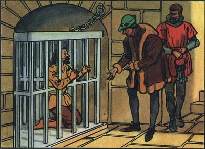 Koning Lodewijk XI bezoekt de kooien van de Bastille-gevangenis. Anonieme illustratie in Collection des souverains et chefs d