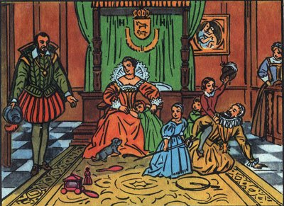 Koning van Frankrijk Hendrik IV (1553-1610) speelt met zijn kinderen voor de Spaanse ambassadeur. In het midden, koningin Maria de