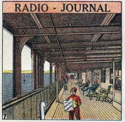 De T.S.F.: radio - krant. Krantenverkoper op een lijnschip. Anonieme illustratie uit 1925. Privécollectie. door Anonymous Anonymous