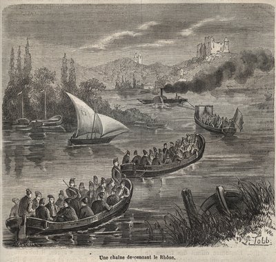 De gevangenis van Toulon - een keten die de Rhône afdaalt (gravure in 