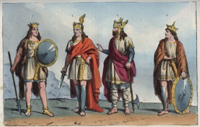 De Merovingen - Merovingische dynastie - Pharamond of Faramund - Chlodio (Clodius, Clodion, Cloio of Chlogio) (Clodion de Harige) - Merovech (Merovee of Merowig) en Clovis - gravure uit 