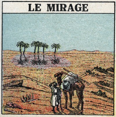 Lichtbreking: luchtspiegeling. Atmosferische breking geeft de illusie van een oase die in een woestijn verschijnt. Anonieme illustratie uit 1925. Privécollectie. door Anonymous Anonymous