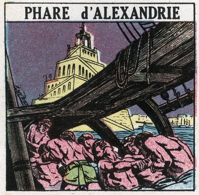 Lichtsignalen: de vuurtoren van Alexandrië in het oude Egypte. Anonieme illustratie uit 1925. Privécollectie. door Anonymous Anonymous