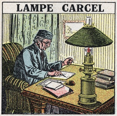 Lichtbronnen: Carcel-lamp, uitgevonden door Guillaume Carcel (1750-1812) en gebruikmakend van plantaardige olie. Anonieme illustratie uit 1925. Privécollectie door Anonymous Anonymous