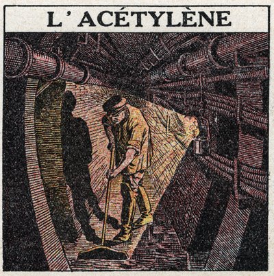 Lichtbronnen: verlichting door acetyleen gebruikt in trommels. Anonieme illustratie uit 1925. Privécollectie. door Anonymous Anonymous