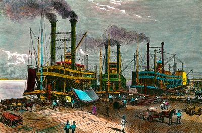 Laden van katoen op stoomschepen op de Mississippi voor New Orleans. Gravure uit de 19e eeuw. Privécollectie door Anonymous Anonymous