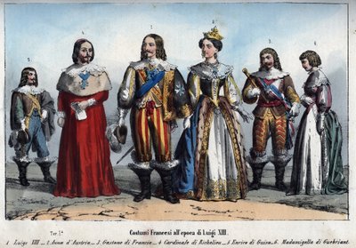 Lodewijk XIII - Anna van Oostenrijk (1601-1666) - Gaston van Frankrijk - Armand Jean du Plessis, Kardinaal de Richelieu - Henri II de Guise - Anne-Marie Budes de Guebriant - gravure uit 