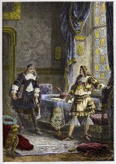Lodewijk XIV ontslaat Nicolas Fouquet - Lodewijk XIV ontslaat de Superintendent van Financiën, Nicolas Fouquet - gravure uit 