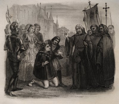 Lodewijk XI (1423-1483) vraagt om zijn genezing aan Francois de Paule (1416-1507) Gravure uit 1846 in “Lives of the saints”. Privécollectie. door Anonymous Anonymous