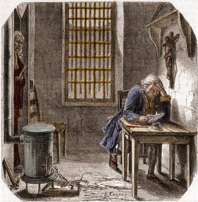 Lodewijk XVI (1754-93) leest zijn laatste wil en testament in de Tempel 1792 - Lodewijk XVI leest zijn testament in de toren van de Tempel op 25 december 1792 - Gravure in 