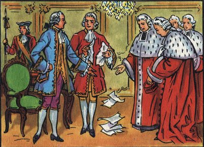 Lodewijk XV (1710-1774), koning van Frankrijk, breekt de uitspraken van het parlement. Anonieme illustratie in Collection des souverains et chefs d