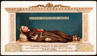 Lijk van Sint Antonius van Padua (San Antonio di Padova) komt in de kerk van het Heilig Hart van Jezus van de Minderbroeders van Busto Arsizio. We zien de laatste woorden in het Latijn door de heilige 