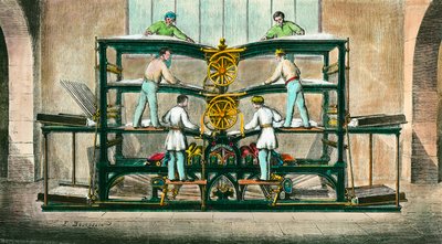 Machine voor het drukken van de kleine krant, uitgevonden door Hippolyte-Auguste Marinoni (1823-1904). Hij vond een rotatiepers uit in 1866. Gravure uit 1868. Privécollectie door Anonymous Anonymous