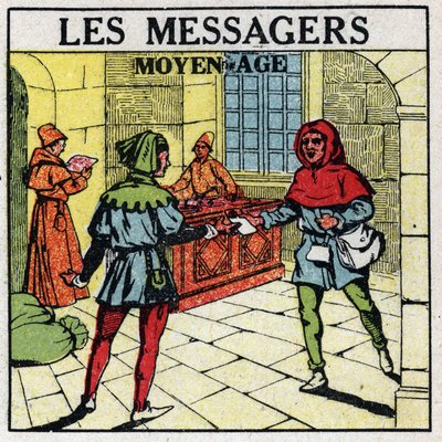 Post: Boodschappers in de Middeleeuwen. Anonieme illustratie uit 1925. Privécollectie. door Anonymous Anonymous