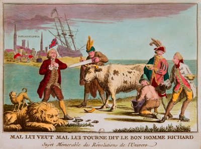Kwaad wil hem kwaad, zei de goede man Richard Gedenkwaardig onderwerp van de revoluties van het universum. Spotprent tegen Engeland. 1780, Privécollectie door Anonymous Anonymous