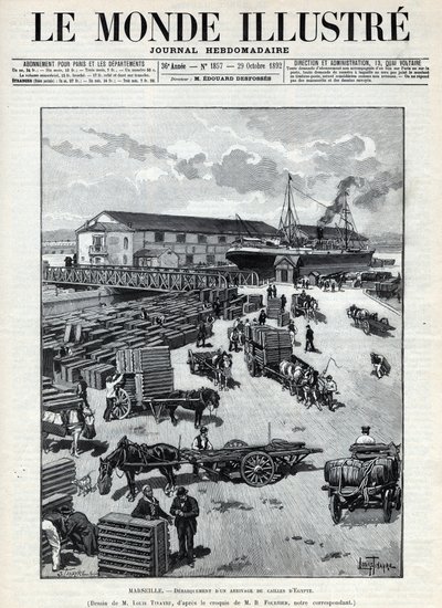 Maritieme handel: aankomst van kwartels uit Egypte in de haven van Marseille. Een krant. Gravure in 