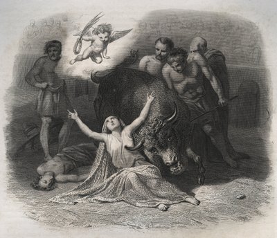 Martelaarschap van Sint Blandina van Lyon en Ponticus in de arena in 177 tijdens de vervolgingen van de eerste christenen. Gravure uit 1846 in 