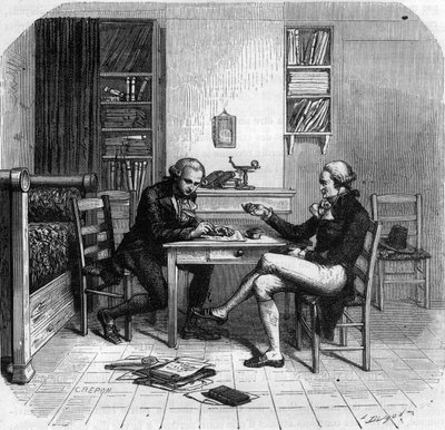 Maximilien de Robespierre 1758-1794, Franse politicus, Lid van het Comité van Openbare Veiligheid met Maurice Duplay in zijn kamer - Kamer van Maximilien de Robespierre bij Maurice Duplay (1736-1820) rue Saint-Honore in Parijs - Gravure in 