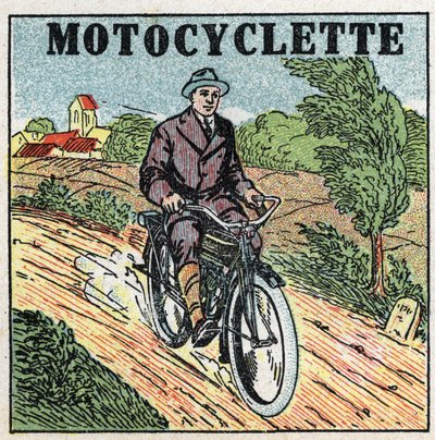 Mechanische tractie: motorfiets. Anonieme illustratie uit 1925. Privécollectie. door Anonymous Anonymous