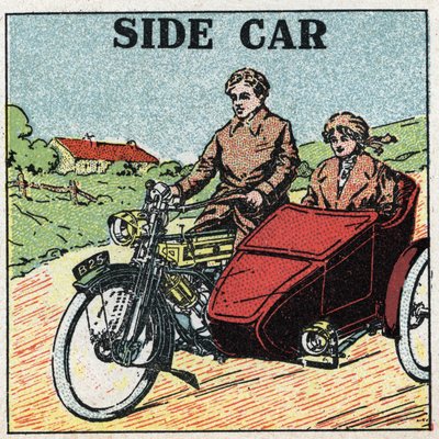 Mechanische tractie: motor met zijspan. Anonieme illustratie uit 1925. Privécollectie. door Anonymous Anonymous