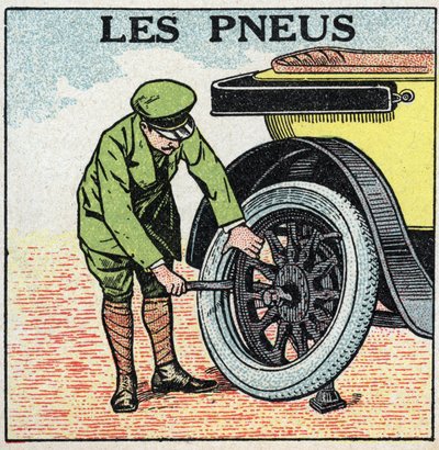 Mechanische tractie: de banden van een auto. Anonieme illustratie uit 1925. Privécollectie. door Anonymous Anonymous