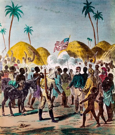Ontmoeting van journalist Henry Morton Stanley (1841-1904) en David Livingstone (1813-1873), Britse arts en ontdekkingsreiziger, op 10/11/1871 in Tanzania. Gravure uit de 19e eeuw door Anonymous Anonymous