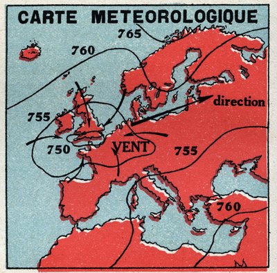 Meteorologie: meteorologische kaart. Anonieme illustratie uit 1925. Privécollectie. door Anonymous Anonymous