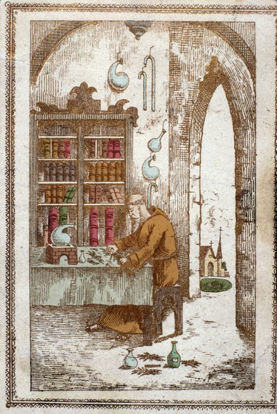 Monnik die planten voorbereidt voor distillatie. Gravure uit de 19e eeuw door Anonymous Anonymous