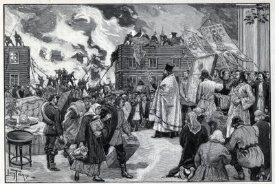 Moskou, brand in de buitenwijk Kaluga: de orthodoxe geestelijkheid presenteert de Heilige Beelden in een poging de stad te beschermen en brandweerlieden bestrijden de brand. Gravure in 