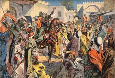 Mouley Hafid (Moulay-Hafid) roept zichzelf uit tot sultan van Fez: de openbare omroepers kondigen de proclamatie aan de menigte aan. Gravure uit de krant 