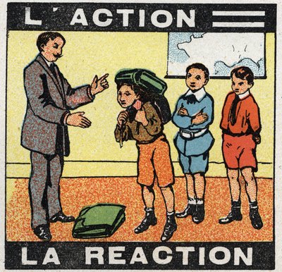 Bewegingen: actie, reactie. Een jongen met zijn tas. Anonieme illustratie uit 1925. Privécollectie. door Anonymous Anonymous