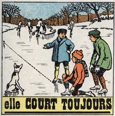 Bewegingen: kinderen spelen met ballen op het bevroren ijs van een vijver in de winter. Anonieme illustratie uit 1925. Privécollectie. door Anonymous Anonymous