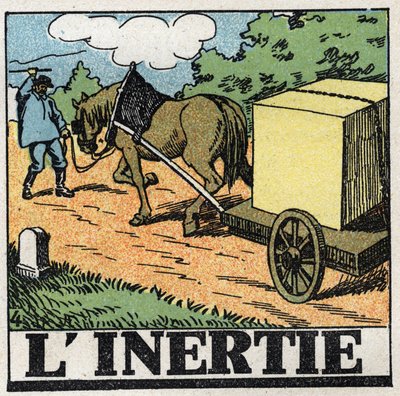 Bewegingen: traagheid. Een voerman geeft zweepslagen om zijn paard vooruit te laten gaan. Anonieme illustratie uit 1925. Privécollectie. door Anonymous Anonymous