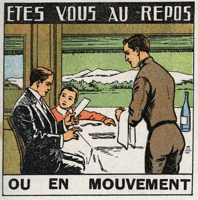 Bewegingen: scène in het restaurant van een trein waar passagiers niet bewegen terwijl de trein vooruitgaat. Anonieme illustratie uit 1925. Privécollectie. door Anonymous Anonymous