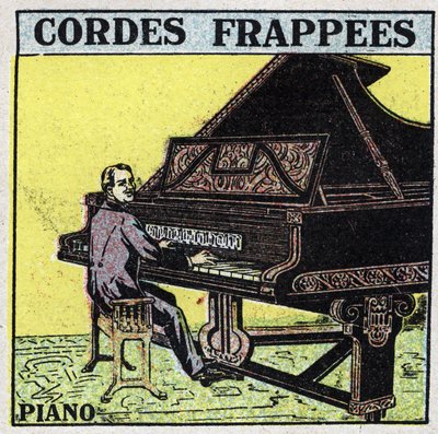 Muziekinstrumenten: geslagen snaarinstrumenten. Een pianospeler. Anonieme illustratie uit 1925. Privécollectie door Anonymous Anonymous
