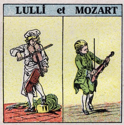 Muziekinstrumenten: gewreven snaarinstrumenten. Jean Baptiste Lully (Giovanni Battista Lulli) (1632-1687) en Wolfgang Amadeus Mozart (1756-1791) spelen viool. Anonieme illustratie uit 1925. Privécollectie. door Anonymous Anonymous
