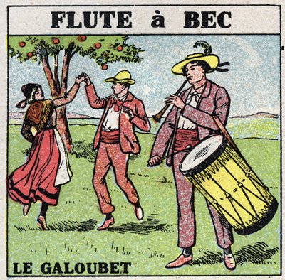 Muziekinstrumenten: blaasinstrumenten. Galubet speler (blokfluit). Anonieme illustratie uit 1925. Privécollectie. door Anonymous Anonymous