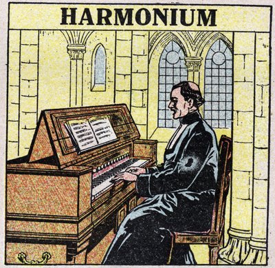 Muziekinstrumenten: blaasinstrumenten bij de heup. Harmoniumspeler in een kerk. door Anonymous Anonymous