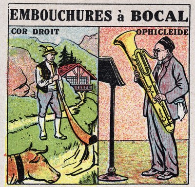 Muziekinstrumenten: blaasinstrumenten met een potmond. Rechte hoorn- en ophicleidespelers. Anonieme illustratie uit 1925. Privécollectie. door Anonymous Anonymous
