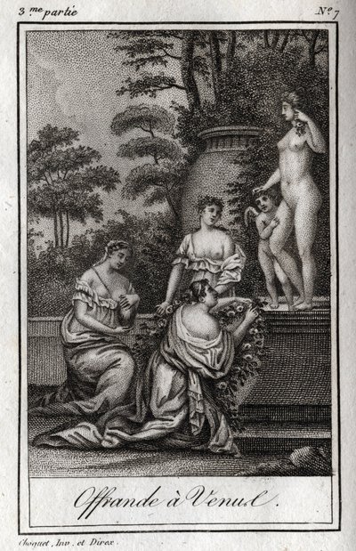 Aanbieding aan Venus. Kleine liefdes (engeltjes) verzamelen zich om eer te bewijzen aan de godin Aphrodite. Gravure uit 1819 in "Lettres à Emilie sur la mythologie" door Charles Albert Demoustier (1760-1801). Privécollectie. door Anonymous Anonymous